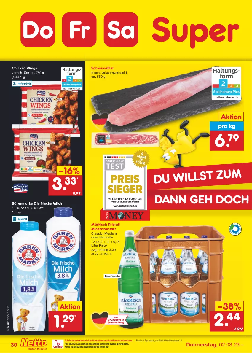 Aktueller Prospekt Netto Marken-Discount - Filial-Angebote - von 27.02 bis 04.03.2023 - strona 30 - produkty: Alwa, bärenmarke, bestpreis, chicken wings, eis, elle, filet, flasche, frische milch, glasflasche, milch, mineralwasser, Mineralwasser Classic, natur, ndk, reis, rel, schwein, schweine, schweinefilet, Ti, wasser, wein, weine