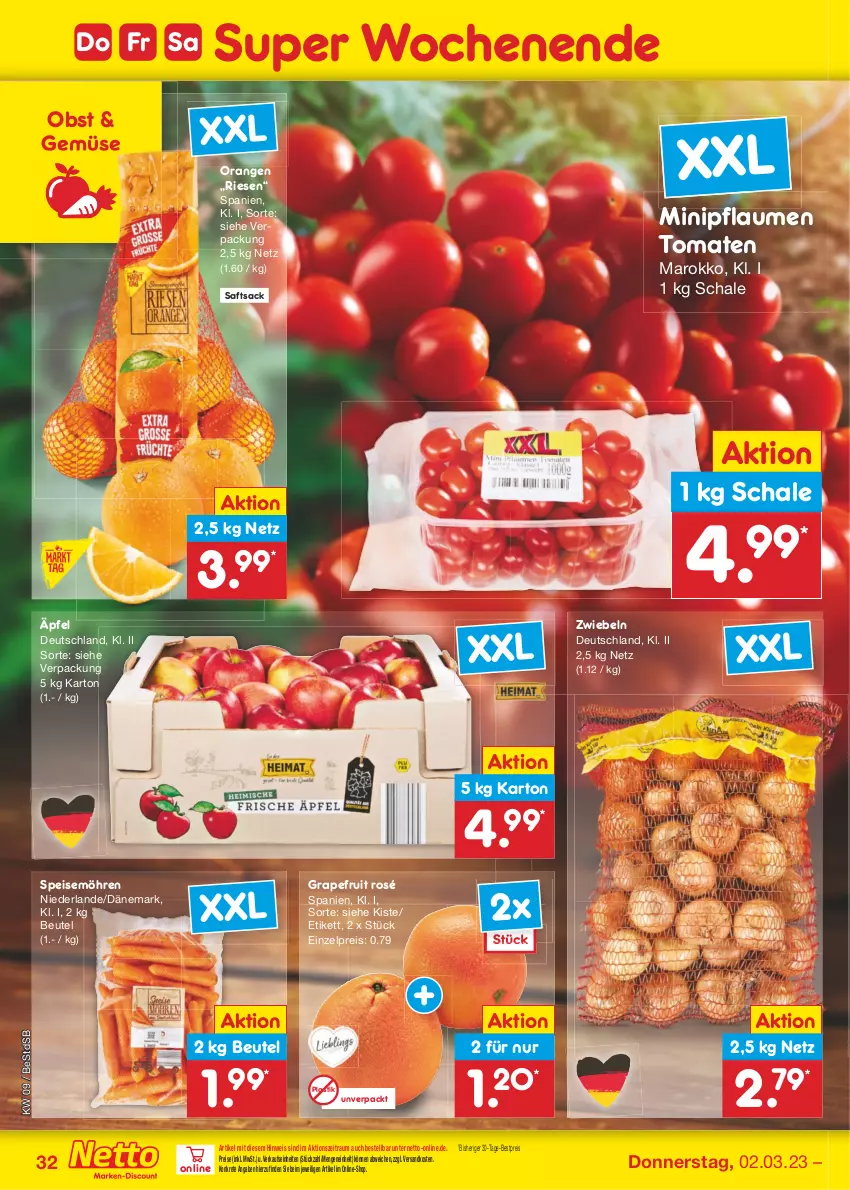 Aktueller Prospekt Netto Marken-Discount - Filial-Angebote - von 27.02 bis 04.03.2023 - strona 32 - produkty: asti, bestpreis, beutel, eis, grapefruit, möhren, ndk, obst, orange, orangen, pflaume, pflaumen, reis, sac, saft, Schal, Schale, speisemöhren, Ti, tomate, tomaten, zwiebel, zwiebeln