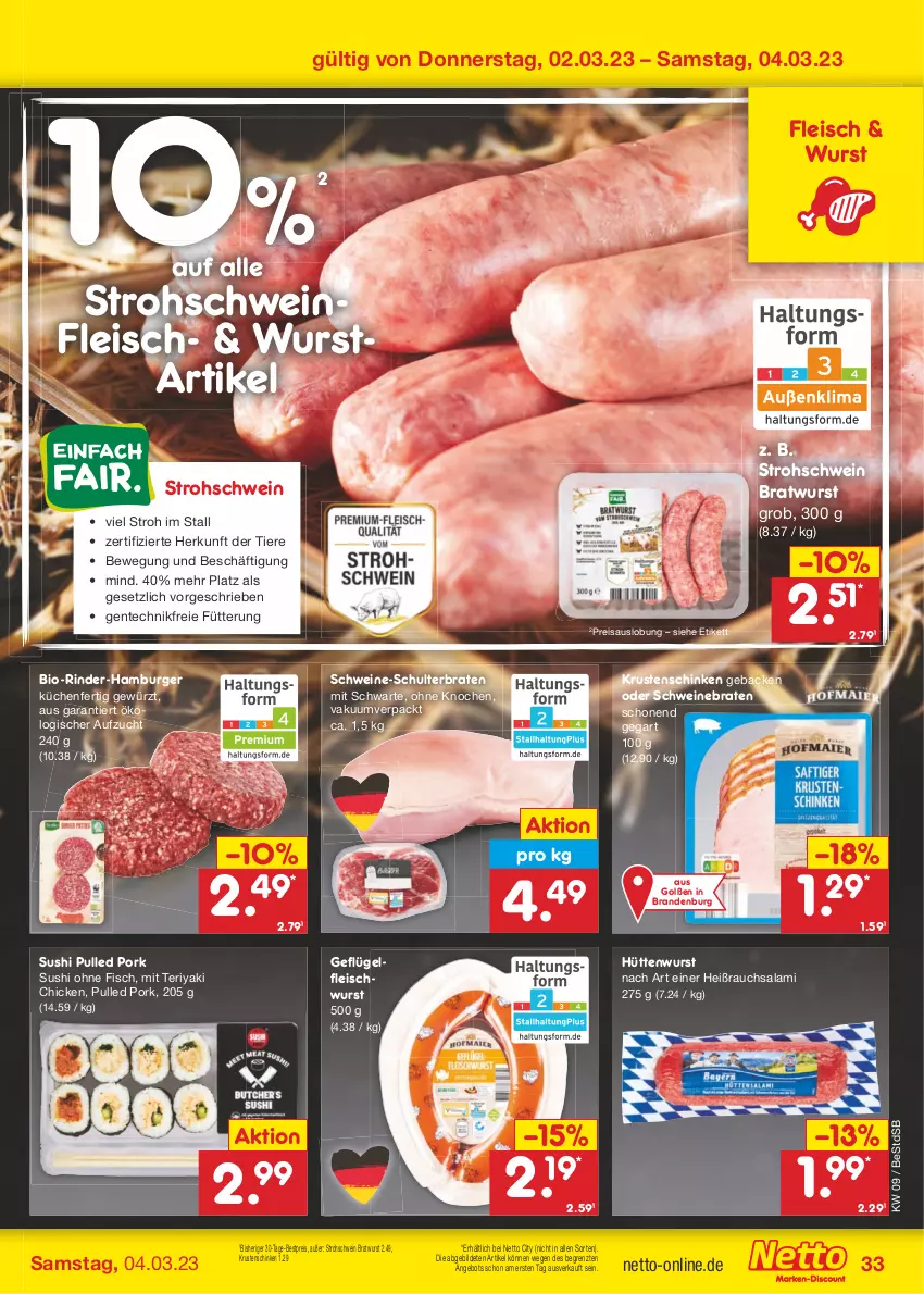 Aktueller Prospekt Netto Marken-Discount - Filial-Angebote - von 27.02 bis 04.03.2023 - strona 33 - produkty: angebot, bestpreis, bio, braten, bratwurst, burger, eis, ente, fisch, fleisch, fleischwurst, geback, Geflügel, gewürz, hamburger, Krustenschinken, küche, Küchen, Pulled Pork, Rauch, reis, rind, rinder, salami, schinken, schwein, schweine, schweinebraten, Sushi, Ti, Tiere, wein, weine, wurst, ZTE