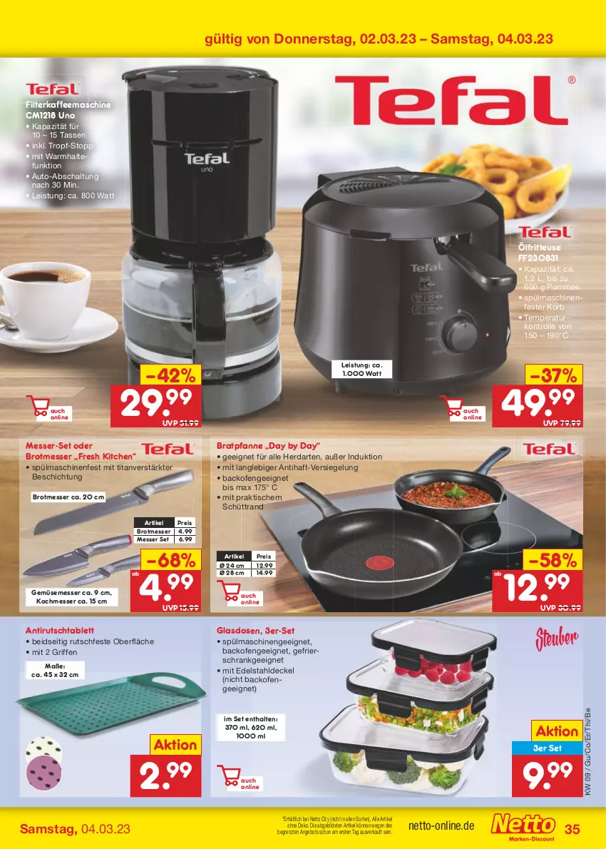 Aktueller Prospekt Netto Marken-Discount - Filial-Angebote - von 27.02 bis 04.03.2023 - strona 35 - produkty: angebot, auto, backofen, bratpfanne, brot, decke, Deckel, edelstahl, eis, filterkaffee, fritteuse, gefrierschrank, herdarten, kaffee, kaffeemaschine, korb, messer, Ofen, pfanne, pommes, reis, Schal, Schrank, spülmaschinen, tablet, tablett, tasse, Ti, tisch, ZTE