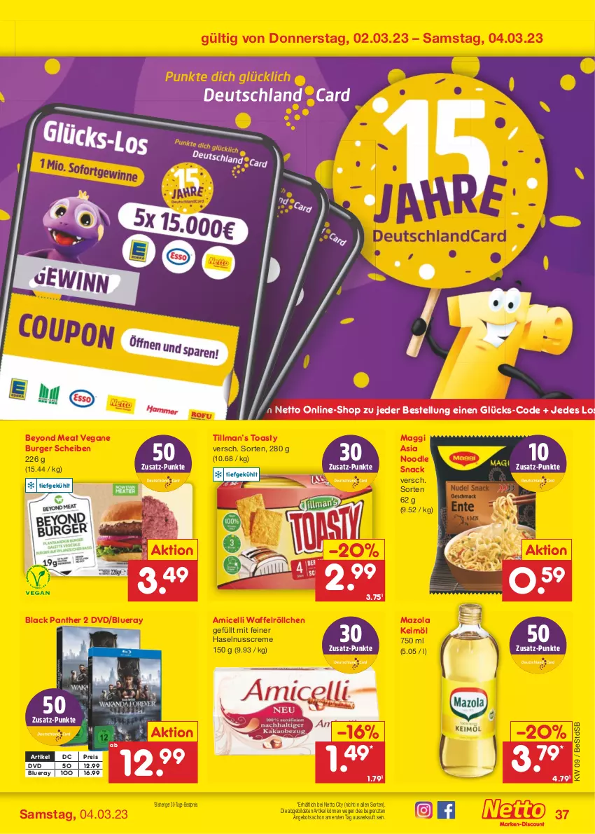 Aktueller Prospekt Netto Marken-Discount - Filial-Angebote - von 27.02 bis 04.03.2023 - strona 37 - produkty: amicelli, angebot, bestpreis, burger, coupon, creme, deutschlandcard, dvd, eis, haselnuss, Haselnusscreme, keimöl, lack, maggi, mazola, nuss, reis, snack, Ti, toast, toasty, Waffelröllchen, Yo, ZTE