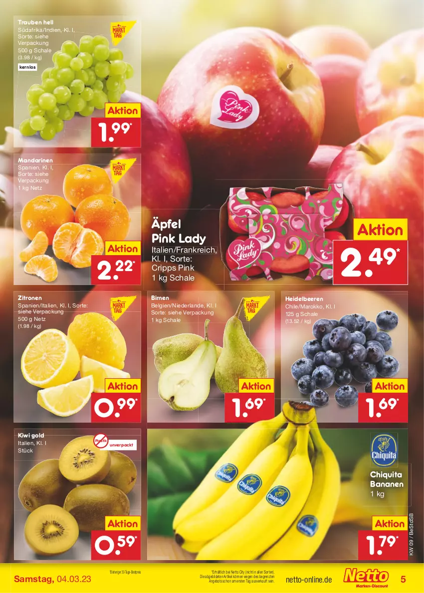 Aktueller Prospekt Netto Marken-Discount - Filial-Angebote - von 27.02 bis 04.03.2023 - strona 5 - produkty: angebot, asti, banane, bananen, beere, beeren, bestpreis, Birnen, chiquita, eis, heidelbeere, heidelbeeren, kiwi, Kiwi Gold, LG, mandarine, mandarinen, Pink Lady, reis, Schal, Schale, Ti, trauben, zitrone, zitronen, ZTE