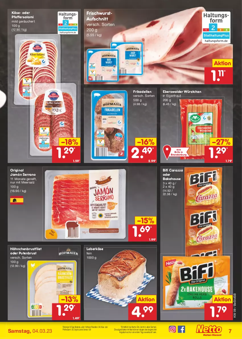 Aktueller Prospekt Netto Marken-Discount - Filial-Angebote - von 27.02 bis 04.03.2023 - strona 7 - produkty: angebot, aufschnitt, bestpreis, bifi, brustfilet, dell, eis, elle, filet, frikadellen, gin, hähnchenbrust, hähnchenbrustfilet, jamón serrano, Käse, leberkäs, leberkäse, meersalz, pfeffer, pute, putenbrust, reis, salami, salz, serrano, Ti, wurst, würstchen, ZTE