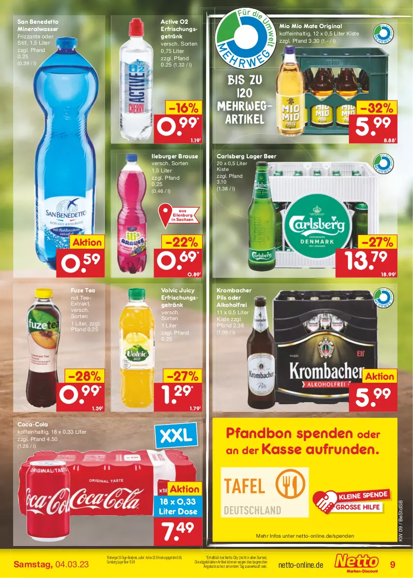 Aktueller Prospekt Netto Marken-Discount - Filial-Angebote - von 27.02 bis 04.03.2023 - strona 9 - produkty: alkohol, Alwa, angebot, bestpreis, brause, burger, carlsberg, coca-cola, cola, eis, erfrischungsgetränk, frizzante, fuze tea, getränk, gin, krombache, krombacher, krombacher pils, leine, mineralwasser, Mio Mio, pils, reis, rwe, sac, tee, Ti, volvic, wasser, ZTE