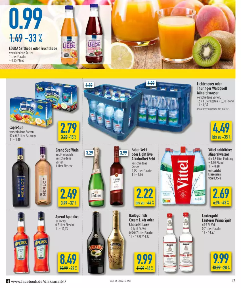 Aktueller Prospekt Diska - Prospekte - von 07.02 bis 12.02.2022 - strona 12 - produkty: alkohol, Alwa, aperol, auer, baileys, Cap, capri-sun, cola, deka, eis, flasche, frucht, grand sud, lichtenauer, likör, merl, merlot, mineralwasser, reis, ring, saft, sekt, Ti, vittel, wasser, wein