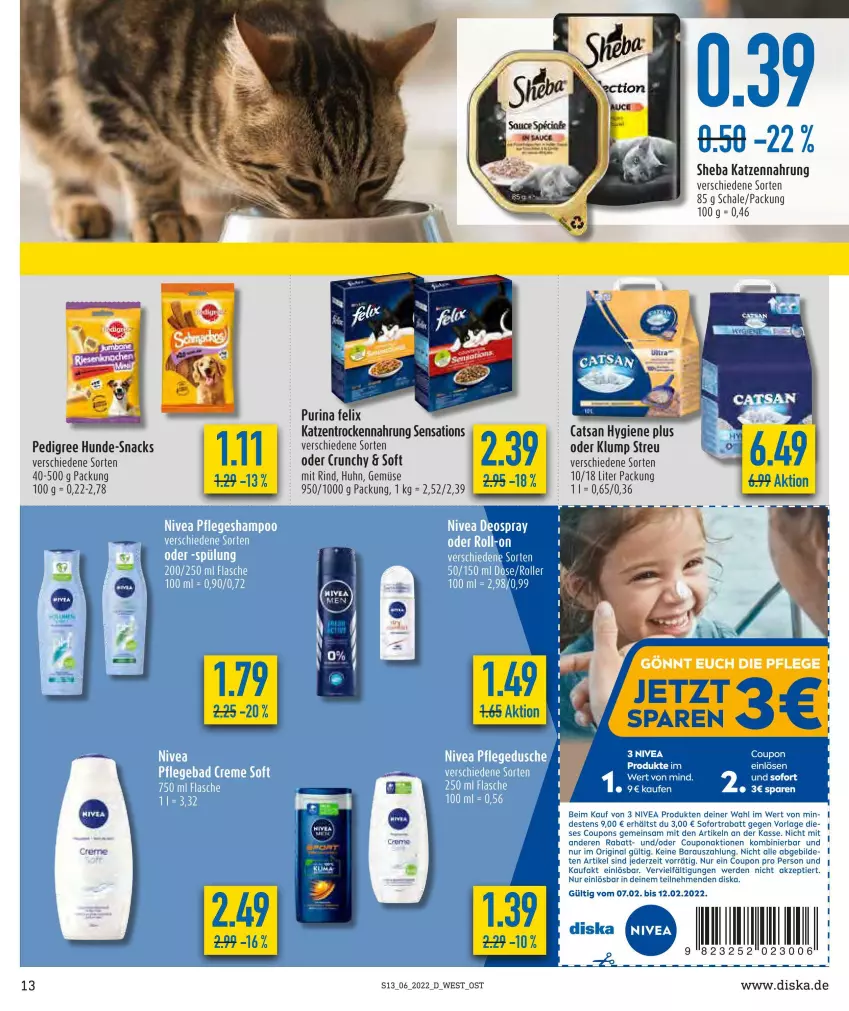 Aktueller Prospekt Diska - Prospekte - von 07.02 bis 12.02.2022 - strona 13 - produkty: coupon, coupons, erde, felix, gin, katzennahrung, nivea, pedigree, purina, rind, Schal, Schale, sensations, sheba, snack, snacks, sofortrabatt, tee, Ti, Trockennahrung