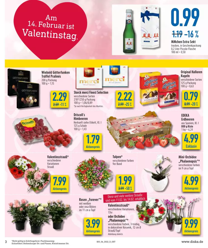 Aktueller Prospekt Diska - Prospekte - von 07.02 bis 12.02.2022 - strona 3 - produkty: aktionspreis, beere, beeren, Blüte, burger, deka, eis, erdbeere, erdbeeren, fisch, flasche, geschenkpackung, gin, himbeer, himbeere, himbeeren, Kugel, merci, orchidee, phalaenopsis, reis, Ria, rosen, Schal, Schale, sekt, storck, Ti, topf, Trüffel