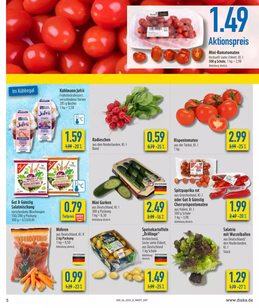 Aktueller Prospekt Diska - Prospekte - von 07.02 bis 12.02.2022 - strona 5 - produkty: aktionspreis, ball, eis, gurke, gurken, kartoffel, möhren, paprika, radieschen, reis, rispentomaten, Romatomaten, salat, Schal, Schale, Spitzpaprika, Ti, tomate, tomaten