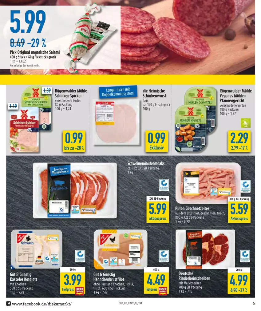 Aktueller Prospekt Diska - Prospekte - von 07.02 bis 12.02.2022 - strona 6 - produkty: aktionspreis, brustfilet, eis, filet, geschnetzeltes, gin, hähnchenbrust, hähnchenbrustfilet, kasseler, kotelett, minutensteaks, pfanne, pfannen, pute, reis, rind, rinder, rügenwalder, rügenwalder mühle, salami, schinken, schinkenwurst, schnitten, schwein, schweine, steak, steaks, Ti, tiefpreis, Ungarische Salami, wein, weine, wurst, Zelt