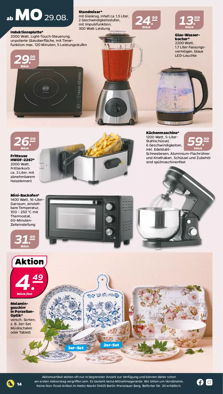 Aktueller Prospekt Netto - Woche 35 - von 29.08 bis 03.09.2022 - strona 14 - produkty: auer, backofen, edelstahl, eis, fritteuse, Frittierkorb, garraum, geschirr, glas-wasserkocher, Kocher, korb, küche, Küchen, küchenmaschine, latte, LED-Leuchte, Leuchte, Mixer, müsli, Müslischale, Ofen, Schal, Schale, Schneebesen, schüssel, spülmaschinen, standmixer, tablet, tablett, thermostat, Ti, timer, wasser, wasserkocher, ZTE