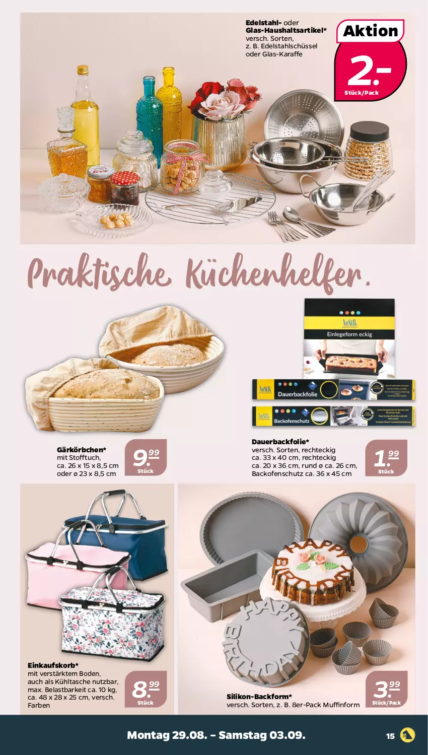 Aktueller Prospekt Netto - Woche 35 - von 29.08 bis 03.09.2022 - strona 15 - produkty: auer, Backfolie, Backform, backofen, edelstahl, einkaufskorb, Gärkörbchen, Karaffe, korb, Körbchen, küche, Küchen, Küchenhelfer, kühltasche, Muffin, Muffinform, Ofen, schüssel, Tasche, Ti, tisch, tuc