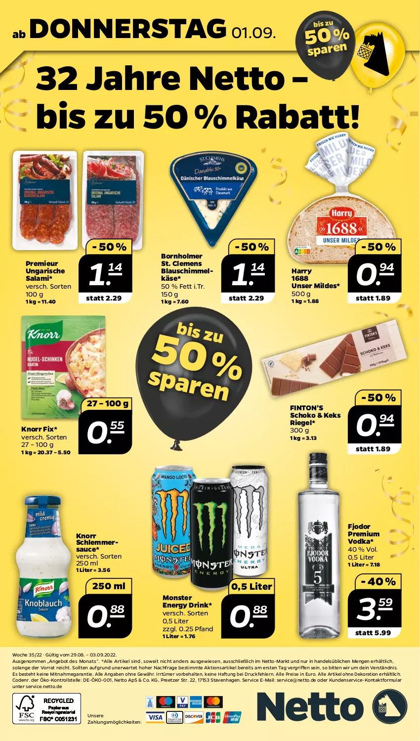 Aktueller Prospekt Netto - Woche 35 - von 29.08 bis 03.09.2022 - strona 28 - produkty: alle artikel ohne dekoration, angebot, dekoration, drink, eis, elle, energy drink, Käse, keks, knorr, knorr fix, monster, Monster Energy, premium vodka, reis, riegel, salami, sauce, schlemmersauce, schoko, Ti, Ungarische Salami, vodka