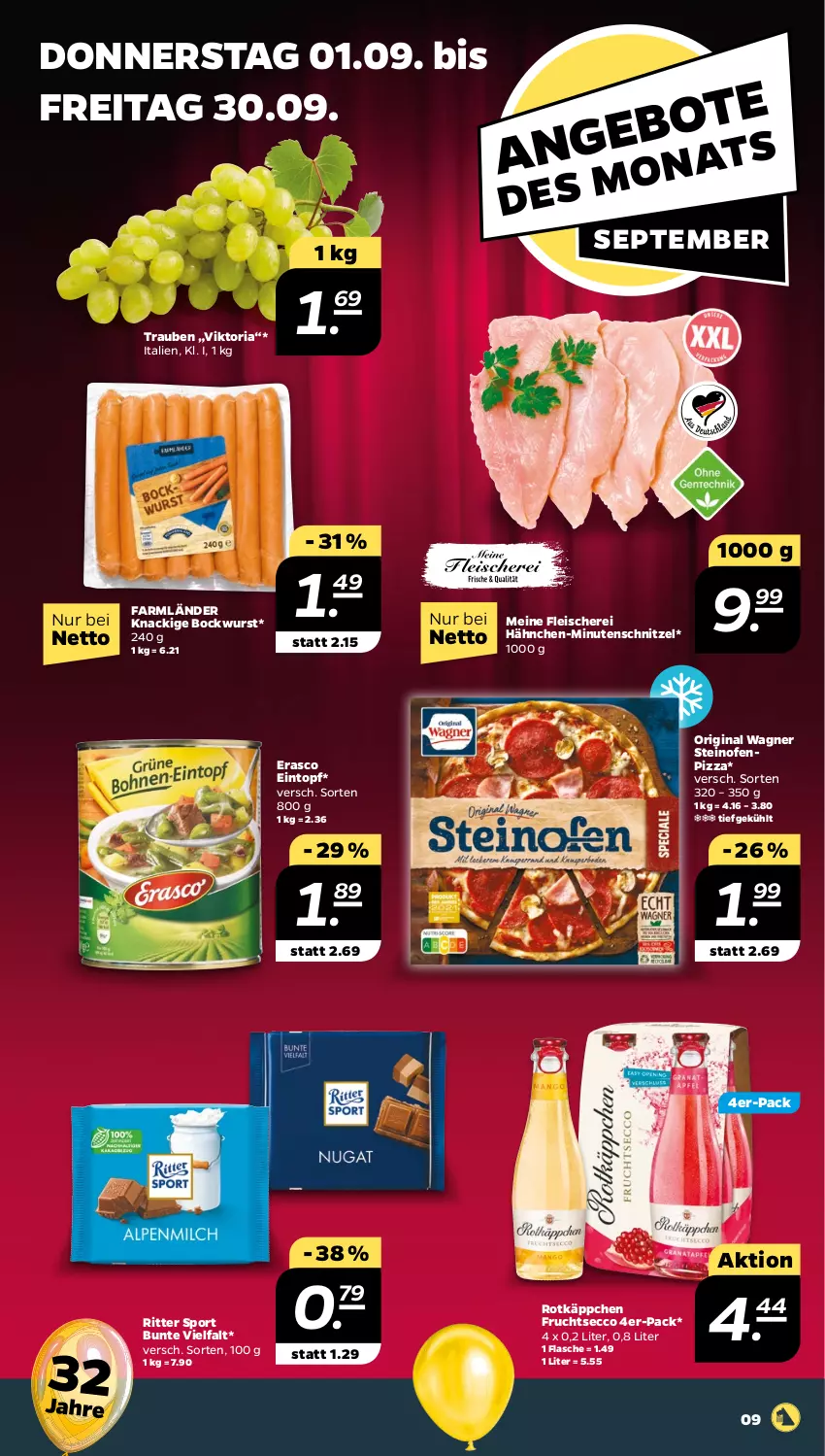 Aktueller Prospekt Netto - Woche 35 - von 29.08 bis 03.09.2022 - strona 9 - produkty: bockwurst, ecco, eintopf, eis, erasco, flasche, fleisch, Fleischerei, frucht, fruchtsecco, gin, minutenschnitzel, Ofen, original wagner, pizza, Ria, ritter, ritter sport, rotkäppchen, Schere, schnitzel, Sport, steinofen, Ti, topf, trauben, wagner, wurst