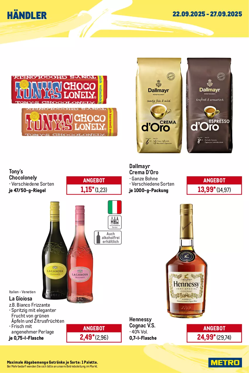 Aktueller Prospekt Metro - Wochen-Angebote Händler - von 22.09 bis 27.09.2025 - strona 2 - produkty: angebot, auto, bohne, Cognac, dallmayr, flasche, frizzante, frucht, früchte, früchten, getränk, getränke, granini, Hohes C, La Gioiosa, LG, Metro, natur, natura, Palette, perla, riegel, Ti, tisch, vita, wasser