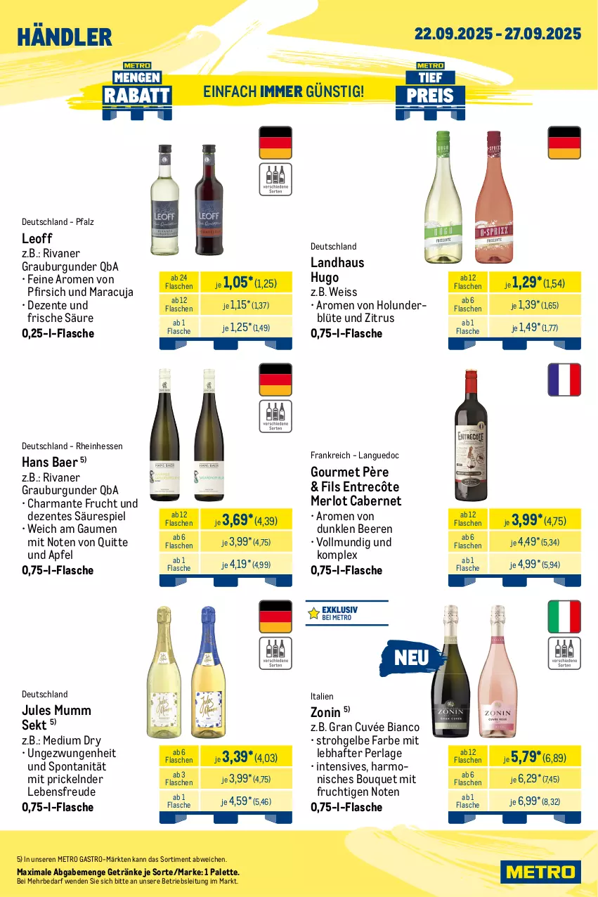 Aktueller Prospekt Metro - Wochen-Angebote Händler - von 22.09 bis 27.09.2025 - strona 4 - produkty: apfel, beere, beeren, Blüte, burgunder, cabernet, cuvée, eis, ente, entrecôte, flasche, frucht, getränk, getränke, grauburgunder, harman, holunder, holunderblüte, hugo, jules mumm, maracuja, merl, merlot, Metro, metro gastro, mit frucht, mumm, Palette, perla, pfirsich, Rivaner, sekt, Ti, zonin