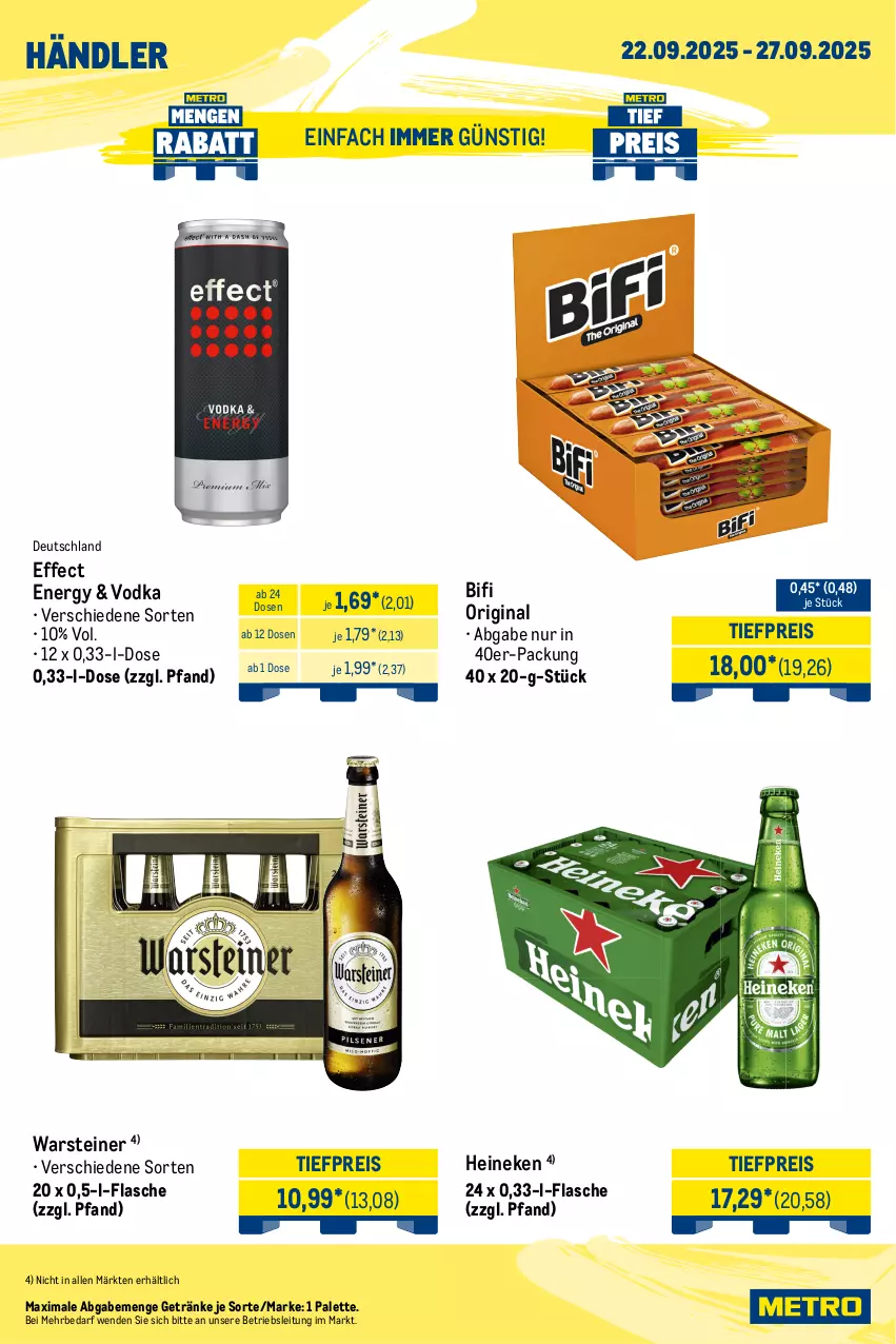 Aktueller Prospekt Metro - Wochen-Angebote Händler - von 22.09 bis 27.09.2025 - strona 5 - produkty: bifi, Effect, eis, flasche, getränk, getränke, gin, heineken, Palette, reis, steiner, Ti, tiefpreis, vodka, warsteiner