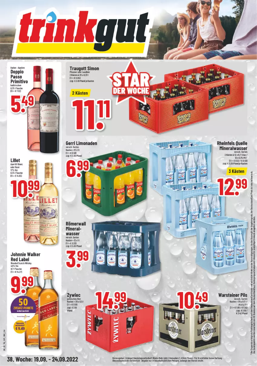 Aktueller Prospekt Trinkgut - von 19.09 bis 24.09.2022 - strona 1 - produkty: Alwa, angebot, angebotspreis, aperitif, bier, blended scotch, blended scotch whisky, deka, deutschlandcard, doppio passo, eis, elle, erde, flasche, johnnie walker, LG, limo, limonade, limonaden, mineralwasser, passo, pils, pilsener, primitivo, reis, rheinfels quelle, scotch, scotch whisky, sim, steiner, Ti, uhr, warsteiner, wasser, whisky