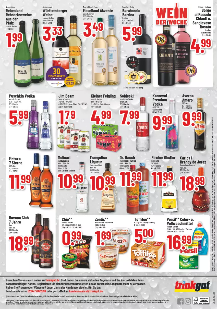 Aktueller Prospekt Trinkgut - von 19.09 bis 24.09.2022 - strona 4 - produkty: amaro, angebot, angebote, arlo, averna, Becher, Berger, beutel, caffe, chia, chianti, elle, ente, flasche, frangelico, haselnuss, jim beam, kleiner feigling, leine, lieferservice, likör, liqueur, mandel, Metaxa, Molinari, moselland, Müller, nuss, nusspli, obst, persil, pircher, Rauch, rebsortenweine, rosato, rum, sambuca, telefon, Ti, toffifee, vodka, vollwaschmittel, waschmittel, wein, weine, zentis