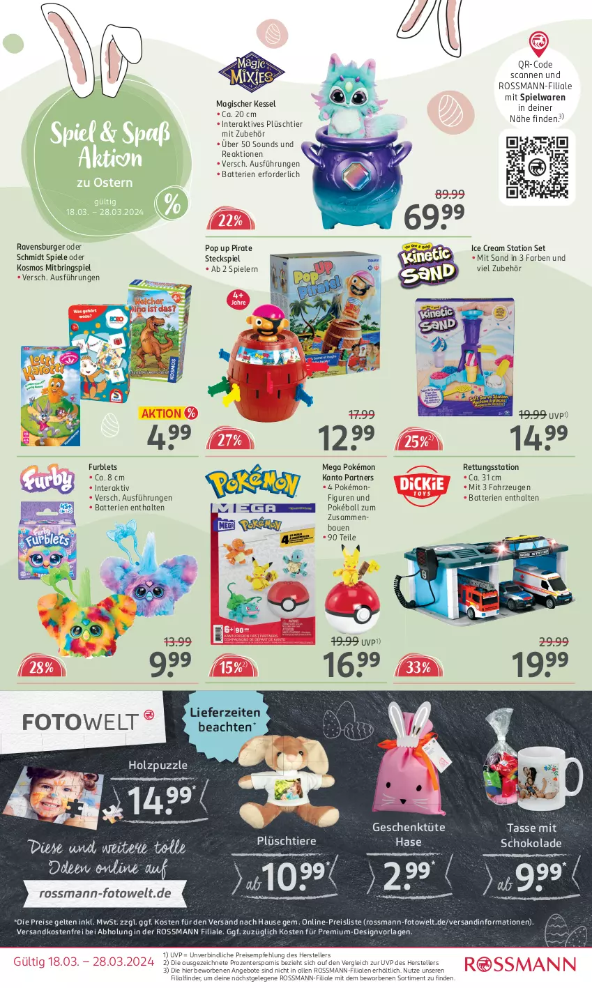 Aktueller Prospekt Rossmann - Prospekte - von 18.03 bis 28.03.2024 - strona 18 - produkty: angebot, angebote, ball, batterie, batterien, Bau, burger, eis, elle, ente, Holz, ndk, Plüsch, Puzzle, ravensburger, reis, ring, schoko, schokolade, Spiele, spielwaren, Steckspiel, tasse, teller, Ti, Tiere, Tüte, versandkostenfrei