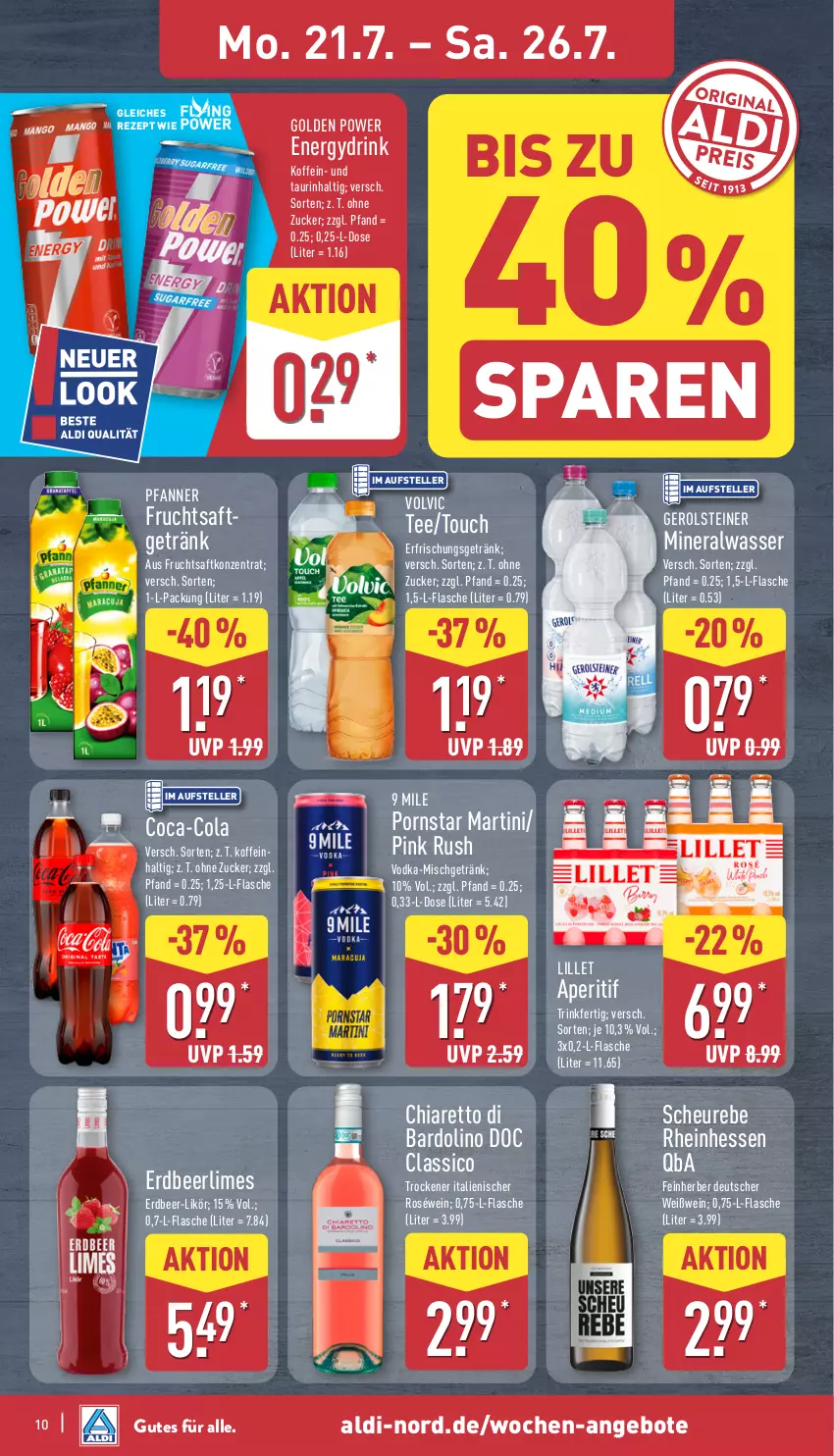 Aktueller Prospekt Aldi Nord - Von Montag - von 21.07 bis 26.07.2025 - strona 10 - produkty: aldi, Alwa, angebot, angebote, aperitif, chia, classico, coca-cola, cola, drink, elle, erfrischungsgetränk, flasche, frucht, fruchtsaft, gerolsteine, gerolsteiner, getränk, Heu, likör, lillet, martini, mineralwasser, pfanne, Pfanner, rezept, roséwein, saft, steiner, tee, teller, Ti, vodka, volvic, wasser, wein, Weißwein, zucker