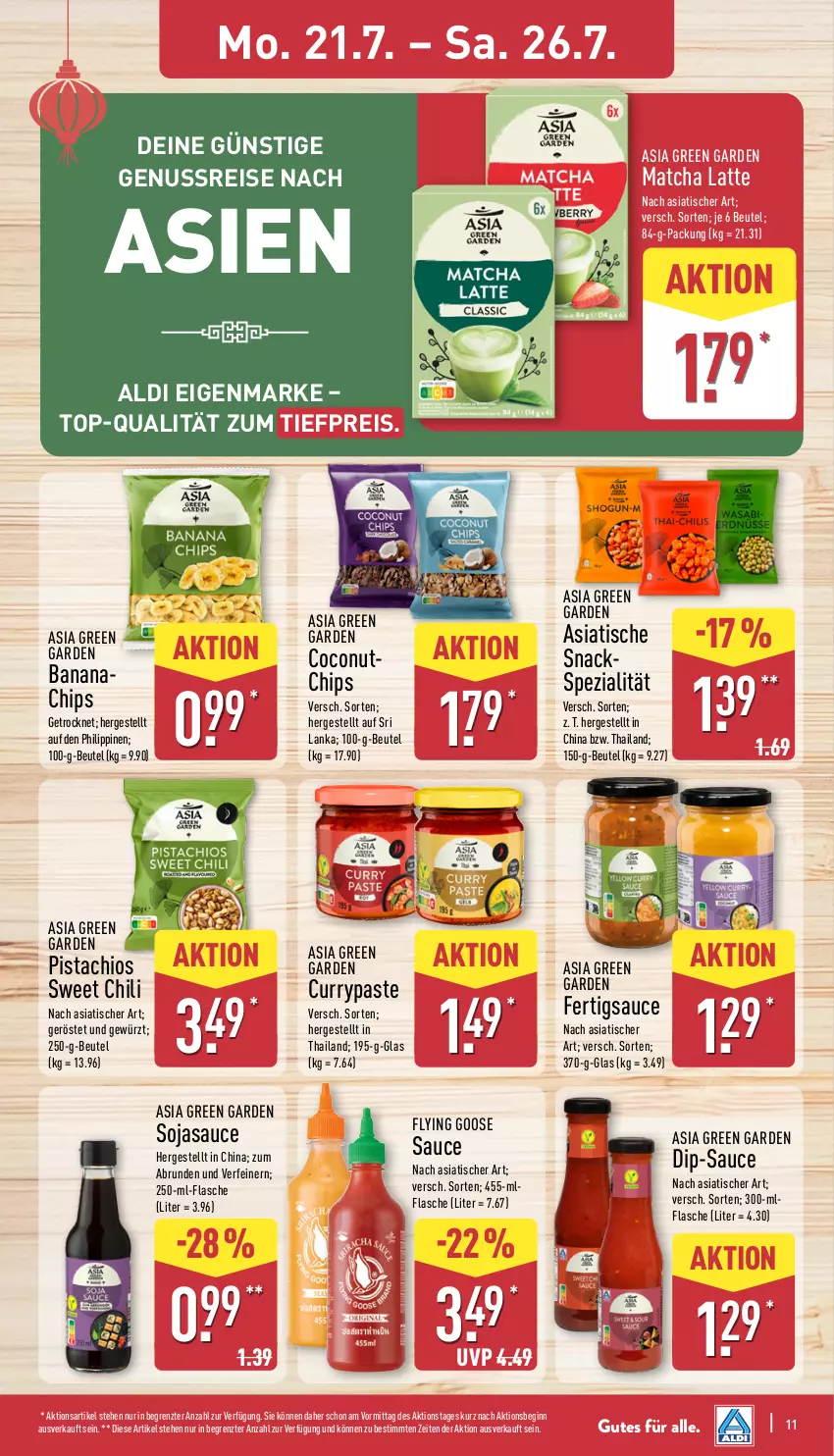 Aktueller Prospekt Aldi Nord - Von Montag - von 21.07 bis 26.07.2025 - strona 11 - produkty: aldi, Asia Green Garden, aus der tiefkühlung, beutel, chili, chips, coconut, curry, dip, eis, flasche, gewürz, gin, latte, nuss, reis, sauce, snack, snacks, soja, sojasauce, Spezi, Ti, tiefpreis, tisch, ZTE