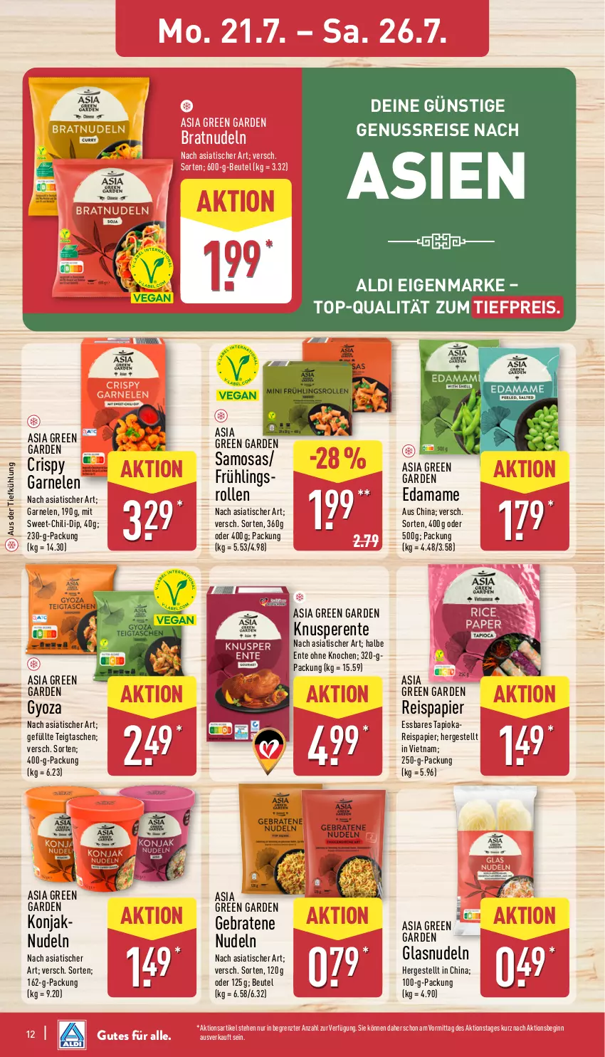 Aktueller Prospekt Aldi Nord - Von Montag - von 21.07 bis 26.07.2025 - strona 12 - produkty: aldi, Asia Green Garden, aus der tiefkühlung, beutel, braten, chili, dip, eis, ente, garnelen, gin, mam, nudel, nudeln, nuss, papier, reis, Tasche, taschen, Ti, tiefpreis, tisch, Yo, ZTE