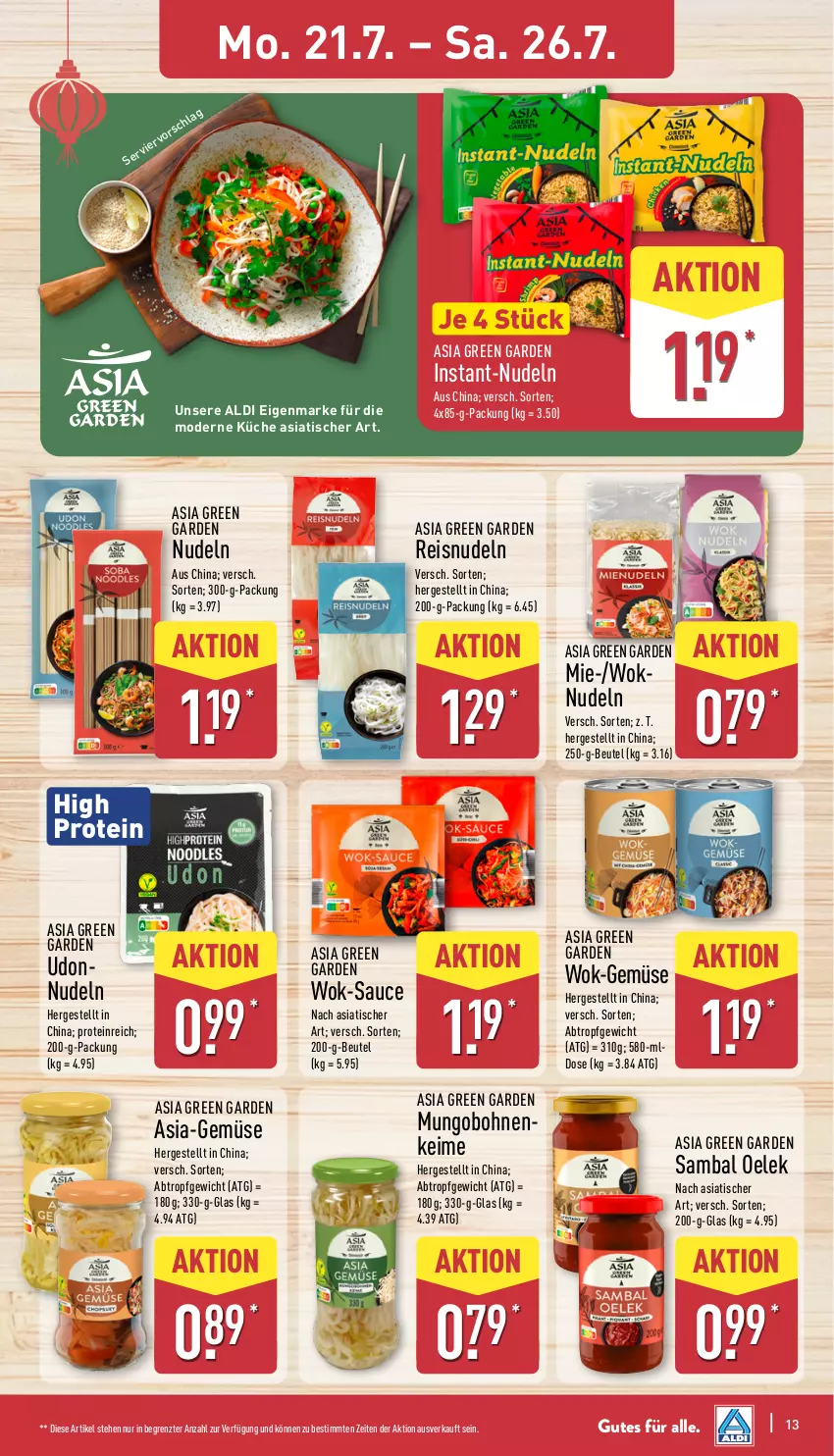 Aktueller Prospekt Aldi Nord - Von Montag - von 21.07 bis 26.07.2025 - strona 13 - produkty: aldi, Asia Green Garden, beutel, bohne, bohnen, eis, Instant-Nudeln, küche, Mode, nudel, nudeln, reis, Sambal Oelek, sauce, Ti, tisch, wok, ZTE
