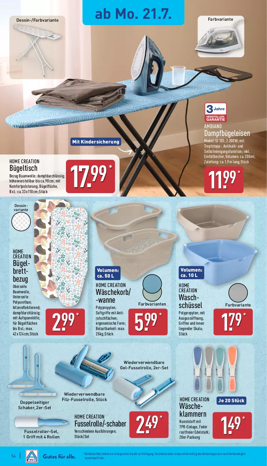 Aktueller Prospekt Aldi Nord - Von Montag - von 21.07 bis 26.07.2025 - strona 14 - produkty: ambia, Bau, baumwolle, Becher, bügel, Bügeleisen, bügeltisch, dampfbügeleisen, dell, edelstahl, eier, eis, gin, Kinder, Klammern, korb, lamm, Liege, Mode, Reinigung, Ria, Roller, rwe, schüssel, Ti, Tiere, tisch, Wanne, wolle, ZTE