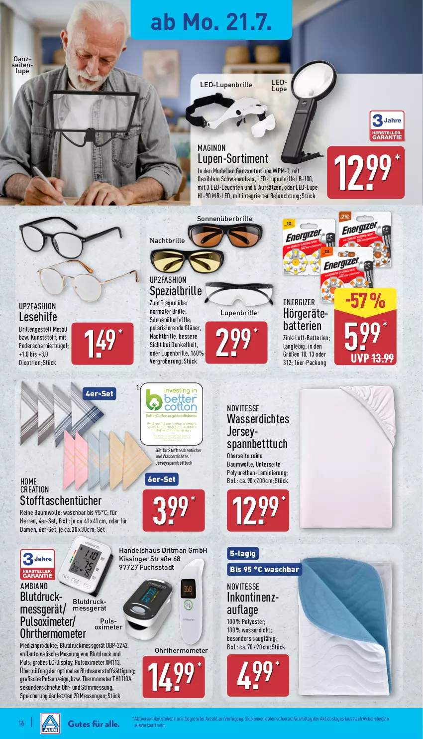 Aktueller Prospekt Aldi Nord - Von Montag - von 21.07 bis 26.07.2025 - strona 16 - produkty: ambia, auer, auto, batterie, batterien, Bau, baumwolle, beleuchtung, bett, Betttuch, Blutdruckmessgerät, Brille, bügel, dell, elle, energizer, fisch, fische, gin, Gläser, LED-Leuchte, Leuchte, leuchten, medizinprodukt, Mode, reine baumwolle, spannbetttuch, Spezi, Stofftasche, Tasche, taschen, taschentücher, thermometer, Ti, tisch, tuc, tücher, up2fashion, wasser, wolle, ZTE