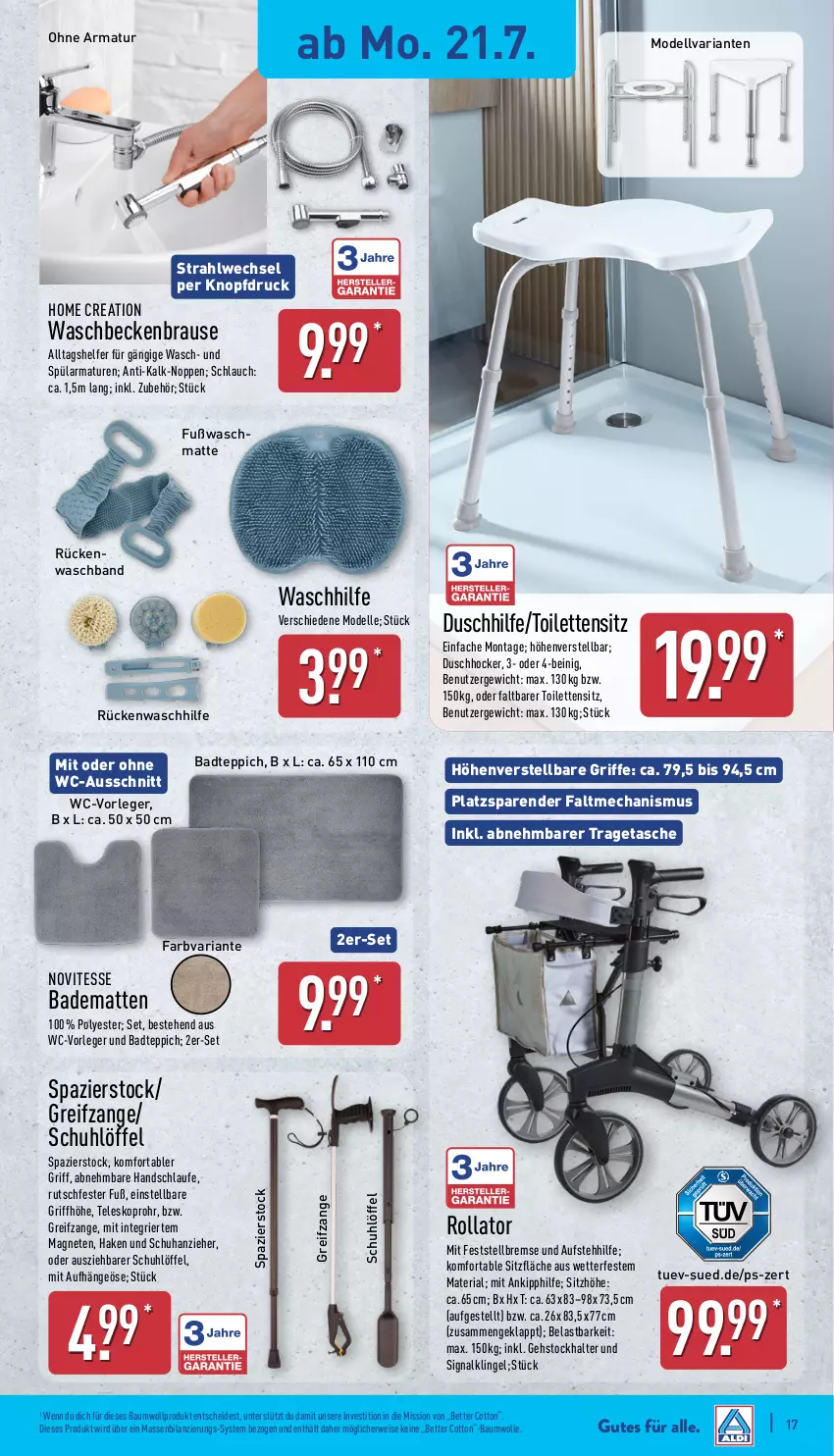 Aktueller Prospekt Aldi Nord - Von Montag - von 21.07 bis 26.07.2025 - strona 17 - produkty: armatur, armaturen, Bad, badematte, badteppich, Bau, baumwolle, bett, brause, dell, eis, elle, hocker, Löffel, Mode, Ria, rwe, schlauch, Signal, Sitzhöhe, Tasche, Teleskop, teppich, Ti, tragetasche, waschbecken, WC-Vorleger, wolle