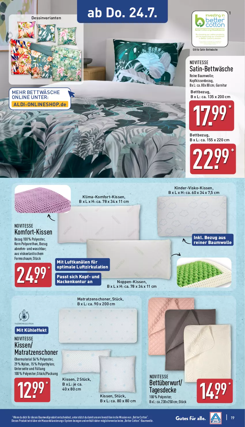Aktueller Prospekt Aldi Nord - Von Montag - von 21.07 bis 26.07.2025 - strona 19 - produkty: aldi, asti, Bau, baumwolle, bett, bettwäsche, decke, eis, garnitur, Kinder, kissen, Kissenbezug, kopfkissen, kopfkissenbezug, matratze, matratzen, reine baumwolle, Ria, rwe, satin-bettwäsche, tagesdecke, Ti, tisch, wolle