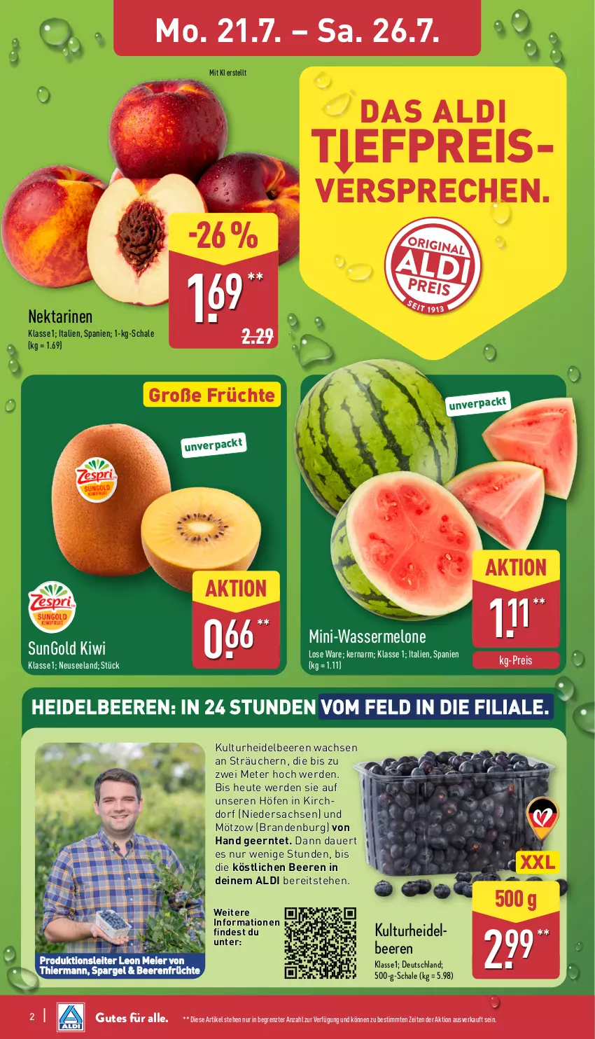 Aktueller Prospekt Aldi Nord - Von Montag - von 21.07 bis 26.07.2025 - strona 2 - produkty: aldi, auer, beere, beeren, eier, eis, Elan, erde, früchte, heidelbeere, heidelbeeren, Heu, kiwi, melone, Nektar, nektarinen, reis, sac, Schal, Schale, spargel, Ti, wasser, wassermelone, ZTE