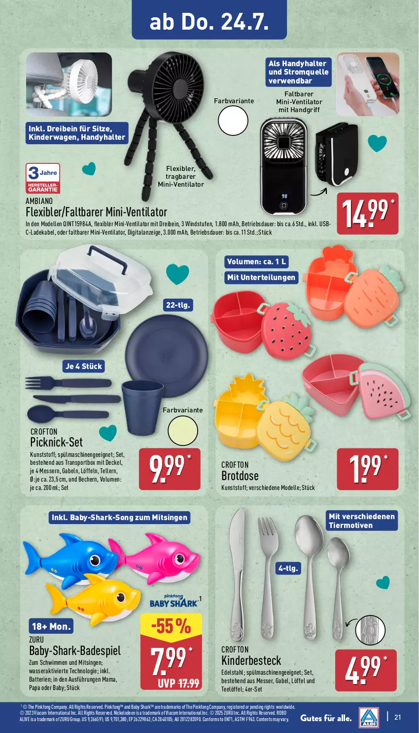 Aktueller Prospekt Aldi Nord - Von Montag - von 21.07 bis 26.07.2025 - strona 21 - produkty: ambia, auer, Bad, batterie, batterien, Becher, besteck, brot, Brotdose, Crofton, decke, Deckel, deka, dell, deo, edelstahl, elle, gabel, Handy, Kinder, Kinderbesteck, Kinderwagen, ladekabel, LG, Löffel, mam, messer, Mode, Ria, rwe, Sport, spülmaschinen, tee, teller, Ti, usb, ventilator, wasser