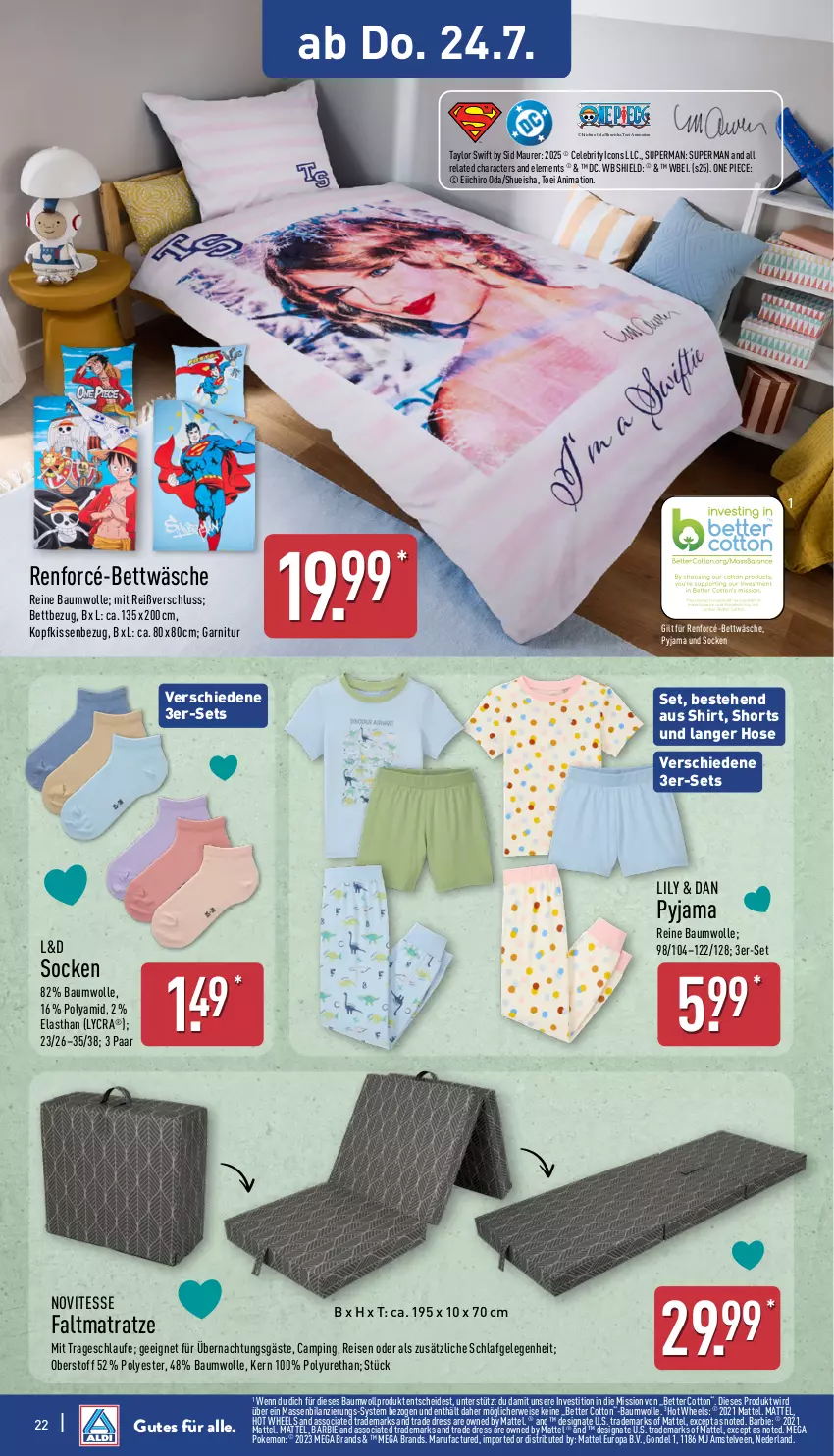 Aktueller Prospekt Aldi Nord - Von Montag - von 21.07 bis 26.07.2025 - strona 22 - produkty: Barbie, Bau, baumwolle, bett, bettwäsche, eis, Faltmatratze, garnitur, hose, Hot Wheels, kissen, Kissenbezug, kopfkissen, kopfkissenbezug, matratze, Mattel, Pyjama, reine baumwolle, reis, rel, renforcé-bettwäsche, rwe, shirt, shorts, socken, Ti, wolle