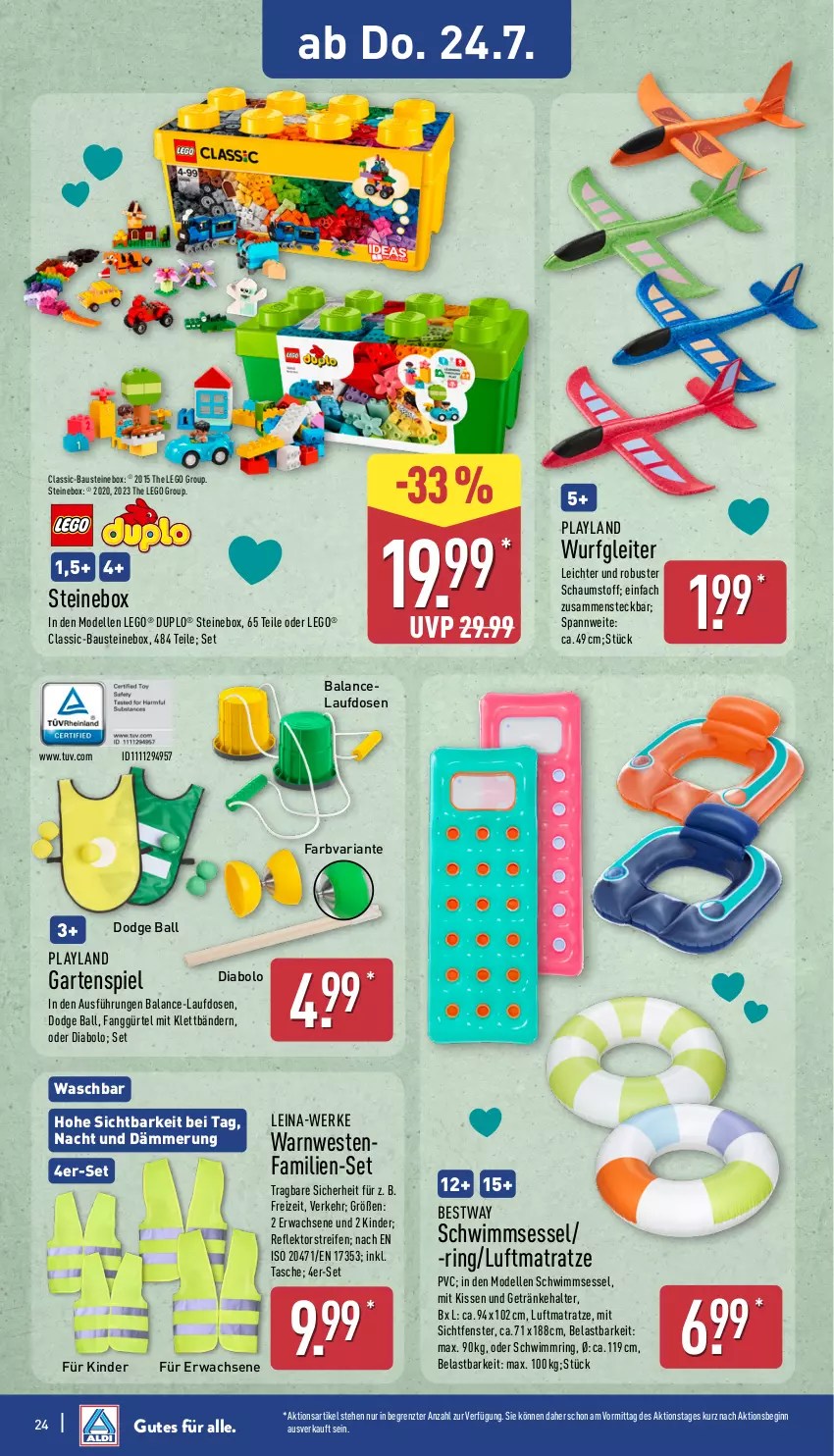 Aktueller Prospekt Aldi Nord - Von Montag - von 21.07 bis 26.07.2025 - strona 24 - produkty: aust, ball, Bau, bestway, dell, duplo, elle, fenster, Garten, getränk, getränke, getränkehalter, gin, Kinder, kissen, LEGO®, luftmatratze, matratze, Mode, reifen, Ria, ring, schwimmring, sessel, Tasche, Ti, Warnweste, Weste, ZTE