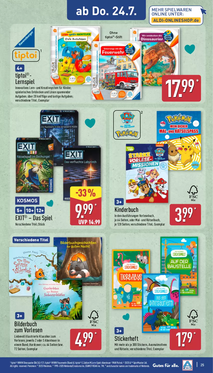Aktueller Prospekt Aldi Nord - Von Montag - von 21.07 bis 26.07.2025 - strona 25 - produkty: aldi, buch, decke, ente, Kinder, Kinderbuch, Lernspiel, Lusti, nintendo, Paw Patrol, rwe, Spiele, spielwaren, Ti, Tiptoi