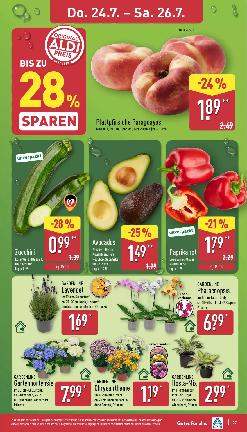 Aktueller Prospekt Aldi Nord - Von Montag - von 21.07 bis 26.07.2025 - strona 27 - produkty: avocado, avocados, Blüte, Brei, eis, Garten, gin, hortensie, kulturtopf, lavendel, paprika, paprika rot, paraguayos, pfirsich, pfirsiche, pflanze, phalaenopsis, plattpfirsiche, reis, Ria, Schal, Schale, Ti, topf, Yo, ZTE, zucchini