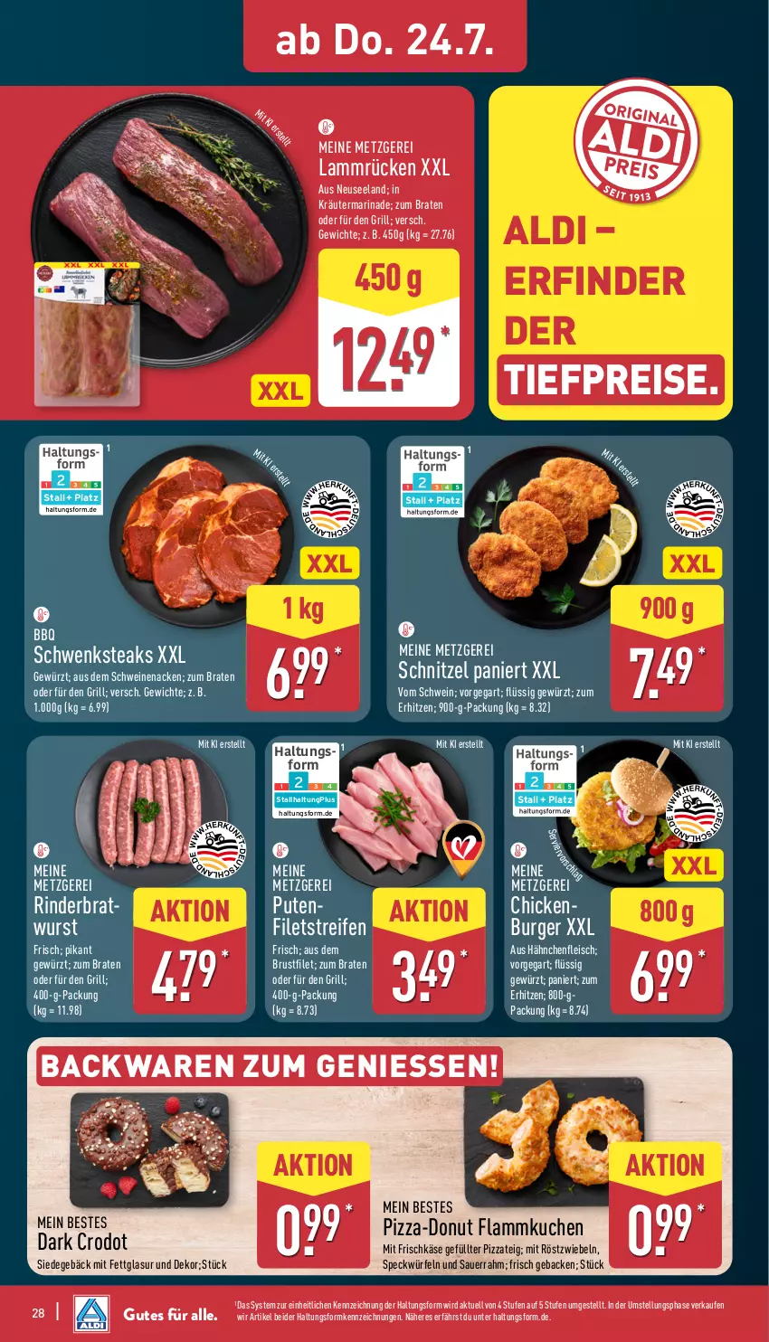 Aktueller Prospekt Aldi Nord - Von Montag - von 21.07 bis 26.07.2025 - strona 28 - produkty: aldi, auer, backwaren, bio, braten, bratwurst, brustfilet, burger, Donut, eis, Elan, filet, filets, flammkuchen, fleisch, frischkäse, geback, gewürz, grill, Hähnchenfleisch, Käse, kräuter, kuchen, lamm, Lammrücken, marinade, mit röstzwiebeln, pizza, Pizzateig, pute, reifen, reis, rind, rinder, Rinderbratwurst, röstzwiebeln, Sauerrahm, schnitzel, schwein, schweine, schweinenacken, Speck, steak, steaks, Ti, tiefpreis, wein, weine, würfel, wurst, zwiebel, zwiebeln