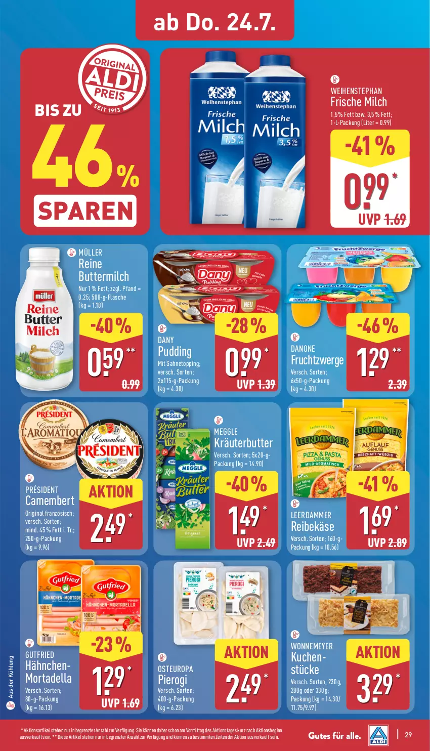 Aktueller Prospekt Aldi Nord - Von Montag - von 21.07 bis 26.07.2025 - strona 29 - produkty: butter, buttermilch, camembert, danone, danone fruchtzwerge, Dany, dell, flasche, frische milch, frucht, fruchtzwerge, gin, gutfried, Käse, kräuter, kuchen, leerdammer, meggle, milch, mortadella, Müller, Pierogi, pudding, Reibekäse, reine buttermilch, sahne, Ti, weihenstephan, ZTE