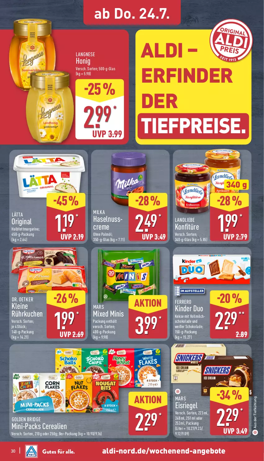 Aktueller Prospekt Aldi Nord - Von Montag - von 21.07 bis 26.07.2025 - strona 30 - produkty: aldi, angebot, angebote, aus der tiefkühlung, cerealien, creme, Dr. Oetker, eis, Eisriegel, elle, ferrero, gin, halbfettmargarine, haselnuss, honig, keks, kekse, Kinder, konfitüre, kuchen, landliebe, langnese, lätta, leine, margarine, mars, milch, milka, nuss, ohne palmöl, reis, riegel, schoko, schokolade, teller, Ti, tiefpreis, vollmilch