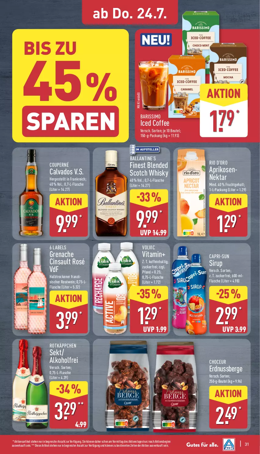 Aktueller Prospekt Aldi Nord - Von Montag - von 21.07 bis 26.07.2025 - strona 31 - produkty: alkohol, aprikose, aprikosen, ball, beutel, blended scotch, blended scotch whisky, Cap, capri-sun, cin, elle, erdnuss, flasche, frucht, gin, Nektar, nuss, roséwein, rotkäppchen, scotch, scotch whisky, sekt, sim, sirup, teller, Ti, vita, volvic, wein, whisky, ZTE, zucker