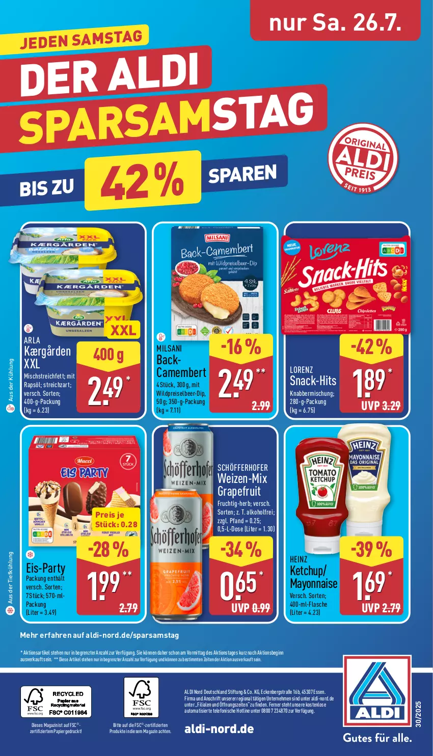 Aktueller Prospekt Aldi Nord - Von Montag - von 21.07 bis 26.07.2025 - strona 36 - produkty: aldi, alkohol, arla, aus der tiefkühlung, auto, camembert, dip, eis, flasche, frucht, gin, grapefruit, heinz, Kærgården, ketchup, lorenz, magazin, mayonnaise, papier, rapsöl, reis, schöfferhofer, snack, Streichzart, telefon, Ti, Wild, Yo, ZTE