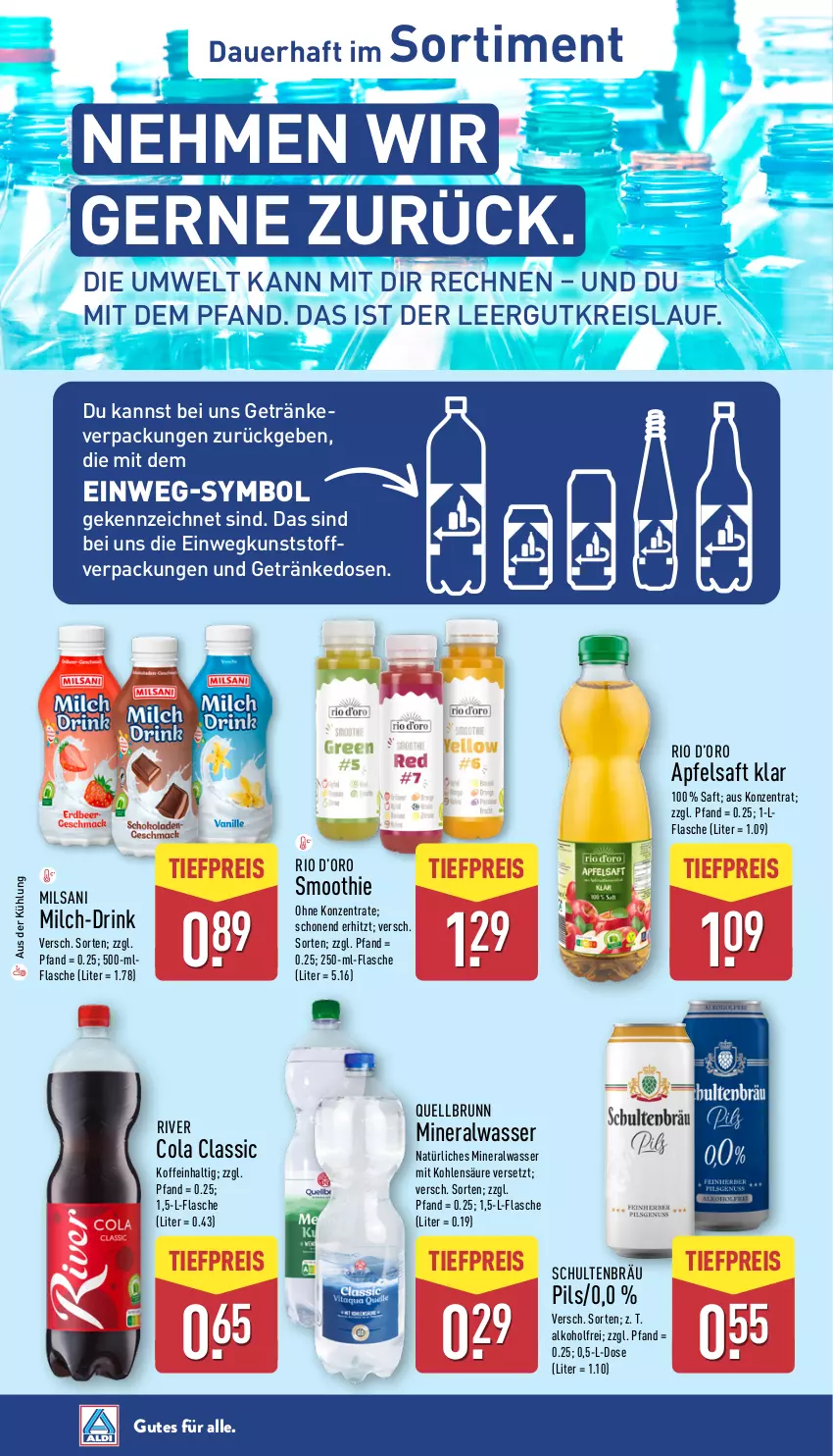 Aktueller Prospekt Aldi Nord - Von Montag - von 21.07 bis 26.07.2025 - strona 39 - produkty: alkohol, Alwa, apfel, apfelsaft, auer, cola, drink, eis, flasche, getränk, getränke, milch, mineralwasser, natürliches mineralwasser, pils, Quellbrunn, reis, saft, smoothie, Ti, tiefpreis, wasser