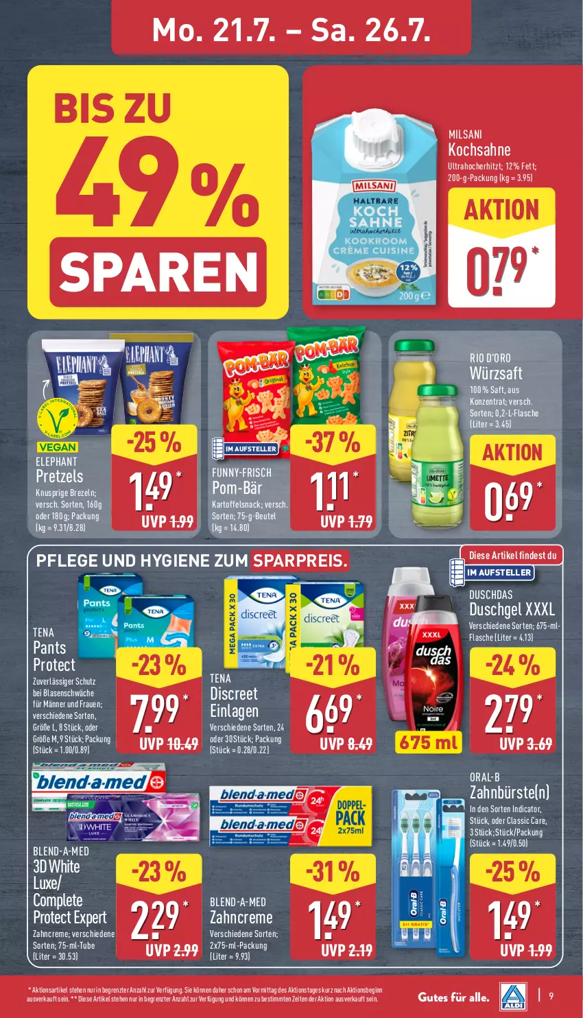 Aktueller Prospekt Aldi Nord - Von Montag - von 21.07 bis 26.07.2025 - strona 9 - produkty: beutel, blend-a-med, brezel, Brezeln, bürste, creme, d'oro, Discreet, duschdas, duschgel, eis, elle, flasche, funny-frisch, gin, kartoffel, oral-b, Pants, pom-bär, Pretzel, reis, saft, sahne, snack, teller, Ti, zahnbürste, zahncreme, ZTE