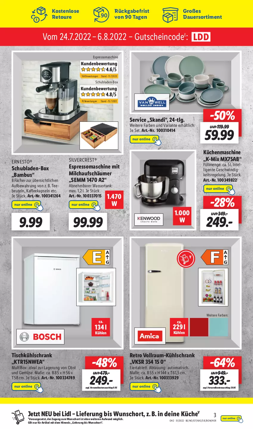 Aktueller Prospekt Lidl - Wochen-Highlights im Onlineshop - von 01.08 bis 07.08.2022 - strona 3 - produkty: auer, auto, bambus, beutel, eier, eis, ente, ernesto, espresso, gutschein, Intel, kaffee, kaffeekapseln, küche, Küchen, küchenmaschine, kühlschrank, LG, milch, milchaufschäumer, ndk, obst, Obst und Gemüse, Ria, Schrank, schubladen, silvercrest, tablet, tablett, tee, Teebeutel, Ti, tisch, und gemüse, wasser, wassertank