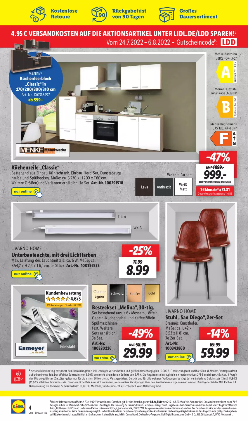 Aktueller Prospekt Lidl - Wochen-Highlights im Onlineshop - von 01.08 bis 07.08.2022 - strona 4 - produkty: abzugshaube, angebot, angebote, auer, backofen, Bau, besteck, besteckset, braun, champagne, champagner, dunstabzug, dunstabzugshaube, edelstahl, eis, elle, erde, gabel, gutschein, gutscheine, kaffee, korb, küche, Küchen, kuchen, Küchenzeile, kühlschrank, Leuchte, leuchtmittel, LG, Löffel, messer, ndk, Ofen, reis, Ria, rum, Schrank, Spektrum, spülmaschinen, stuhl, Ti, ZTE