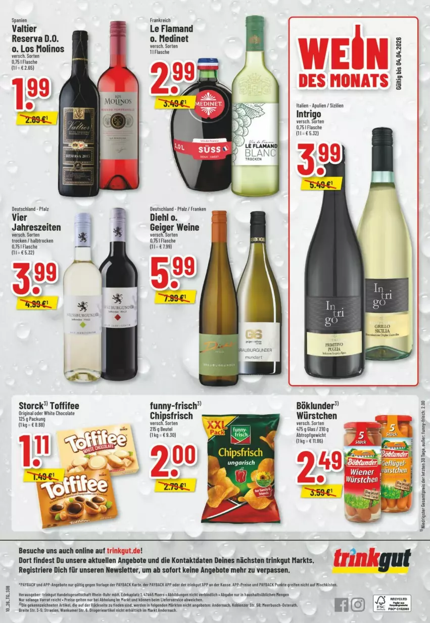 Aktueller Prospekt Trinkgut - Prospekte - von 01.03 bis 07.03.2026 - strona 10 - produkty: angebot, angebote, beutel, böklunder, Brei, chips, chipsfrisch, deka, eis, flasche, funny-frisch, medinet, payback, reifen, reis, storck, Ti, toffifee, wein, weine, wiener, würstchen