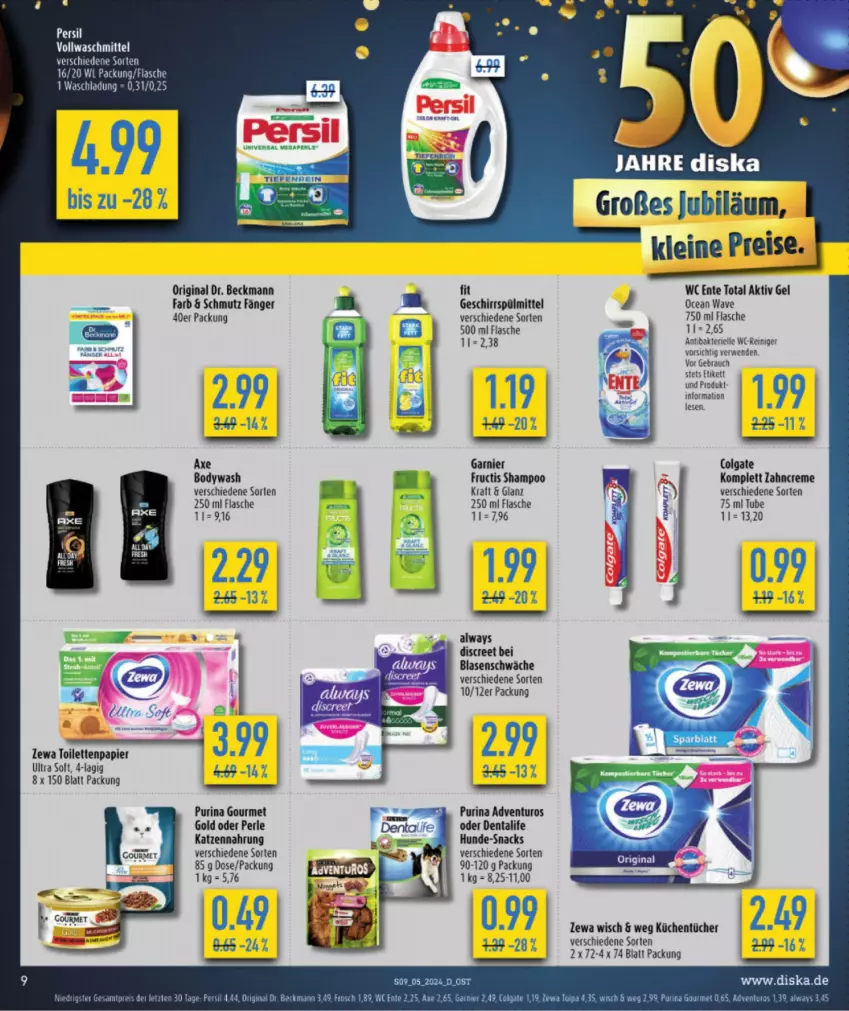 Aktueller Prospekt Diska - von 29.01 bis 03.02.2024 - strona 9 - produkty: adventuros, aktiv gel, Alwa, Always, axe, body, colgate, creme, Discreet, Dr. Beckmann, eis, elle, ente, flasche, Frosch, fructis, garnier, geschirr, geschirrspülmittel, gin, gourmet gold, katzennahrung, küche, Küchen, küchentücher, LG, papier, persil, purina, Rauch, reis, rwe, shampoo, snack, snacks, spülmittel, Ti, toilettenpapier, tücher, vollwaschmittel, waschmittel, wc ente, zahncreme, zewa, ZTE