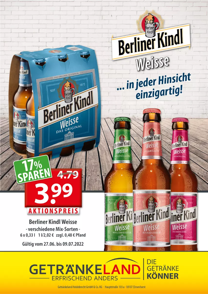 Aktueller Prospekt Getraenkeland - von 27.06 bis 09.07.2022 - strona 11 - produkty: berliner, berliner kindl, eis, Elan, getränk, getränke, Ti