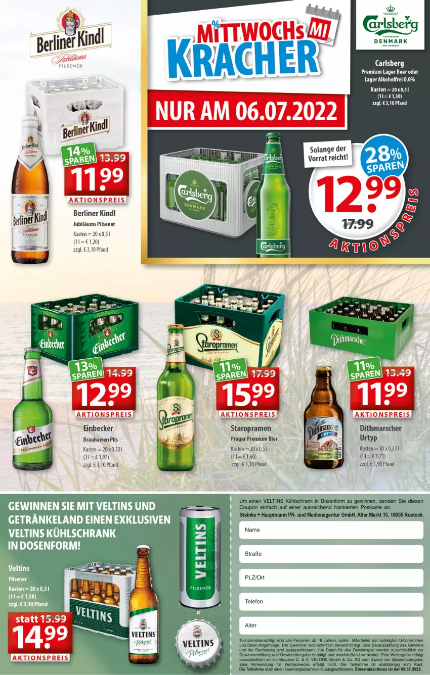 Aktueller Prospekt Getraenkeland - von 27.06 bis 09.07.2022 - strona 3 - produkty: aktionspreis, alkohol, auer, berliner, berliner kindl, bier, carlsberg, coupon, eis, erde, gewinnspiel, Jubiläums, kühlschrank, LG, mars, pils, pilsener, reis, rwe, Schrank, senf, Staropramen, telefon, Ti, urtyp, veltins, weck